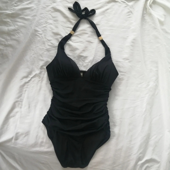 Victoria Secret Ruched Stomach Plunging Halter One Piece Swim Bathing Suit M - Picture 3 of 16